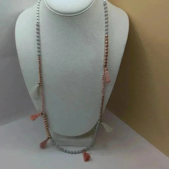 J.Crew 32" Long Beaded Tassel Necklace | Rose Gold, Gray & Blush Pink - Picture 3 of 7